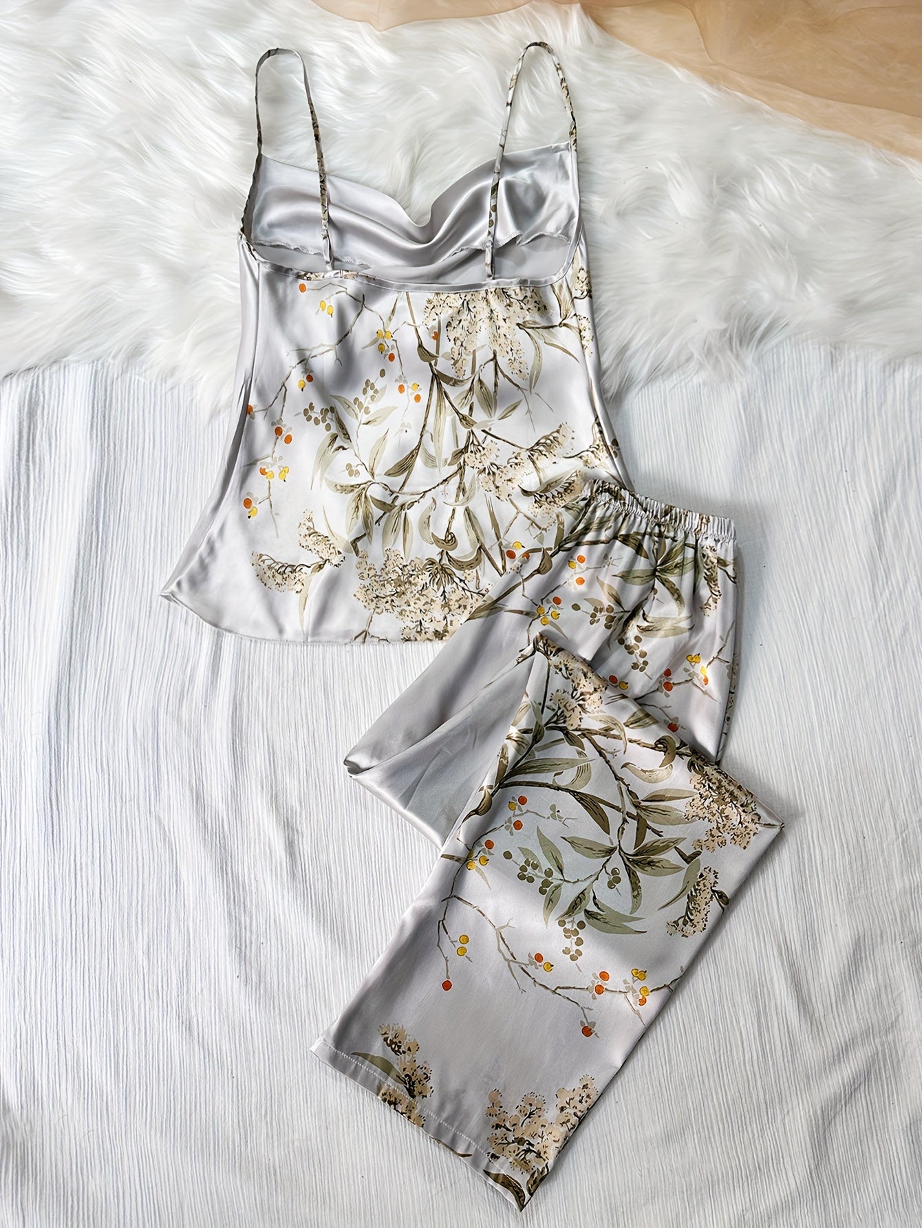 Floral Print Pajama Set Draped Collar Cami Top & Elastic Waistband Pants
