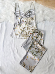 Floral Print Pajama Set Draped Collar Cami Top & Elastic Waistband Pants