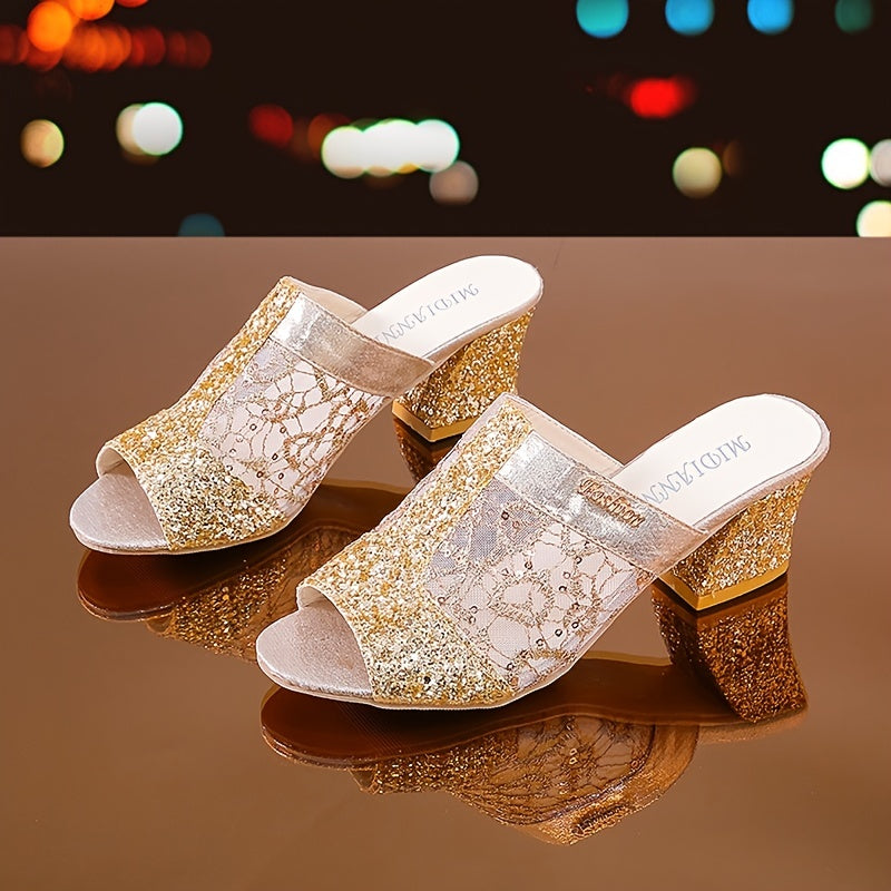 Sequins Chunky Heeled Peep Toe Sandals Slip On Mid Heels