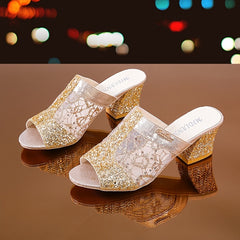 Sequins Chunky Heeled Peep Toe Sandals Slip On Mid Heels