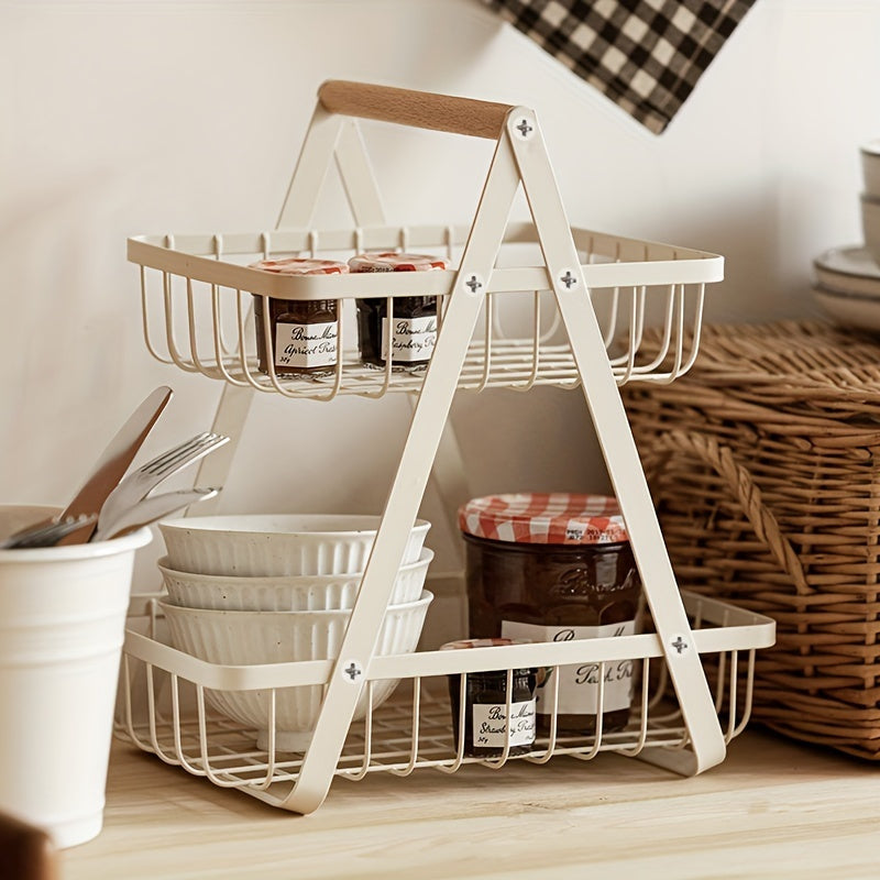 2 Tier Metal Storage Basket for Countertop with Wooden Handle