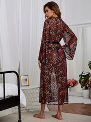 Leopard Mesh Night Robe Long Sleeve V-Neck Long Robe Women's Lingerie