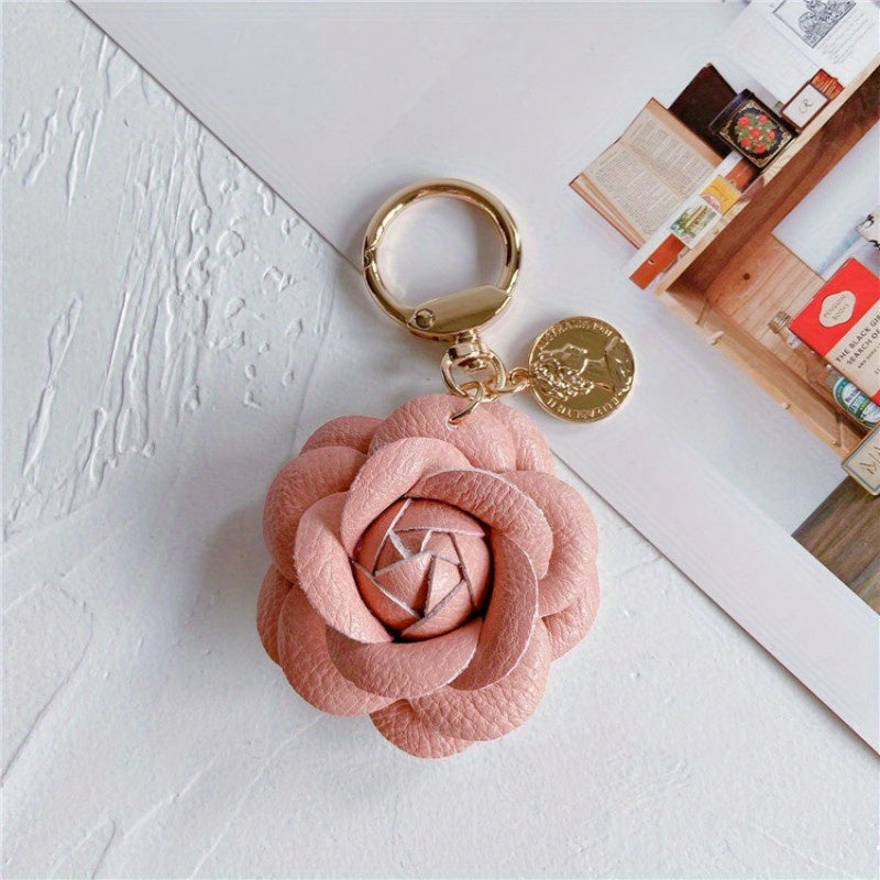 Faux Leather Camellia Car Keychain for Backpack