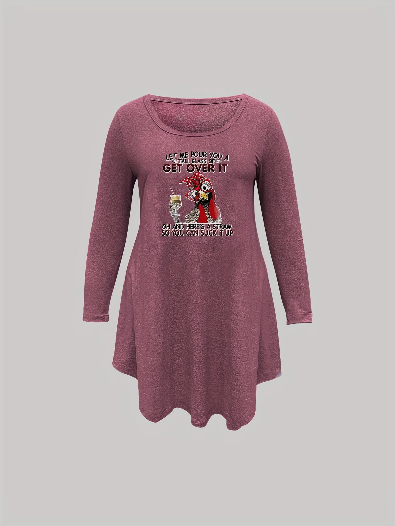 Plus Size Nightdress Funny Rooster Print Long Sleeve Sleep Dress