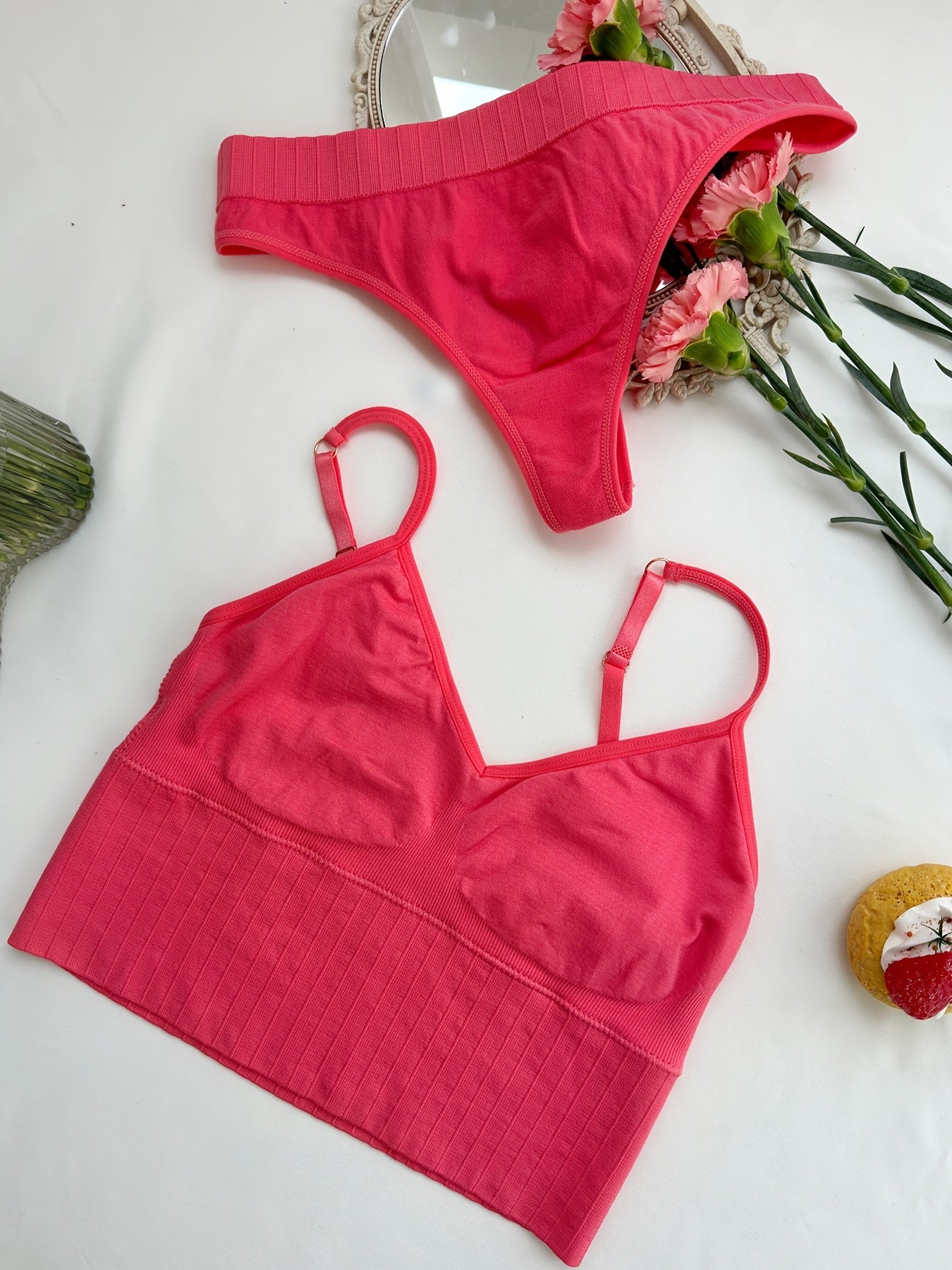 Solid Bra & Panties Soft Wireless Bralette & Thong Panties Set