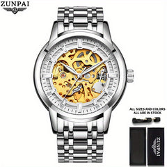 ZUNPAI Business Skeleton Wristwatch Stainless Steel Waterproof Men's Watch