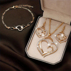 Heart Pendant Jewelry Set Rhinestone Decor Necklace Bracelet Earrings