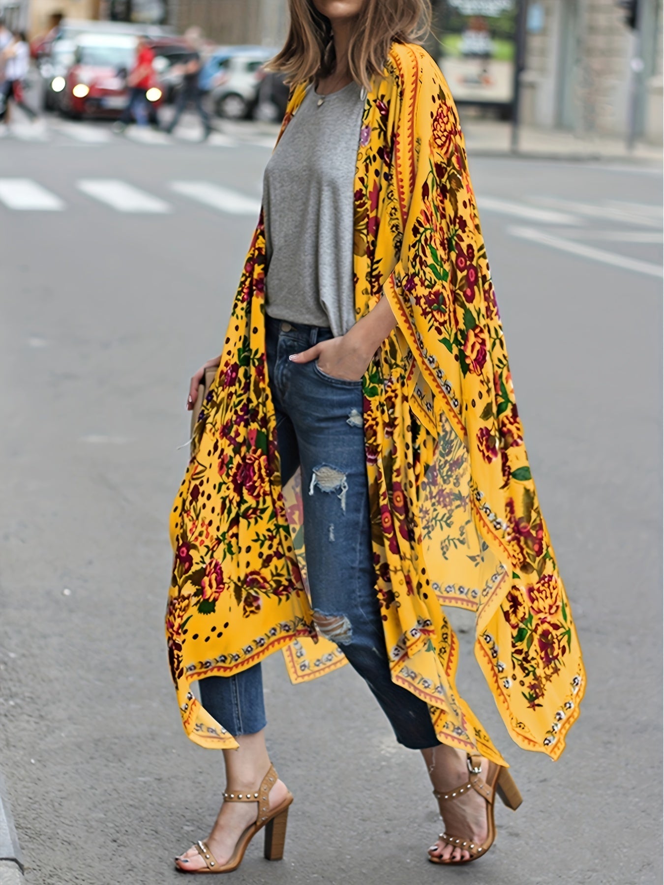 Floral Print Cover Up Shirt V Neck Semi Sheer Split Loose Fit Beachwear Kimono