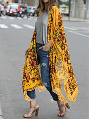 Floral Print Cover Up Shirt V Neck Semi Sheer Split Loose Fit Beachwear Kimono