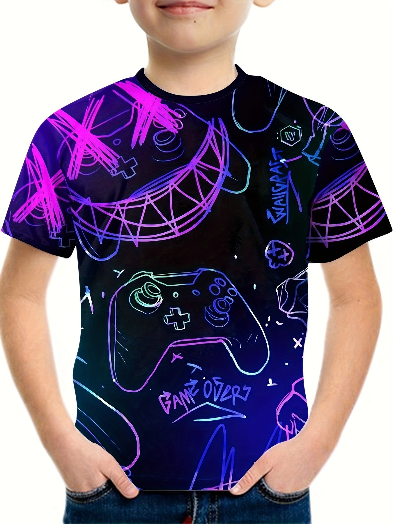 Gamepad Doodle Print Boy's T-shirt Short Sleeve Comfortable Summer Top