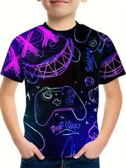 Gamepad Doodle Print Boy's T-shirt Short Sleeve Comfortable Summer Top