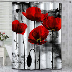 Red Poppy Shower Curtain Ink Painting 12 Hooks Waterproof Fabric Bath Decor
