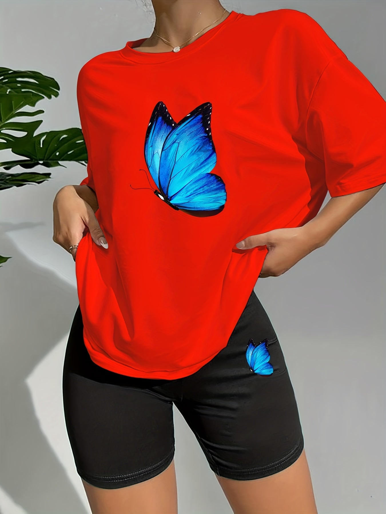 Butterfly Print Lounge Set Short Sleeve Crew Neck Top & Elastic Waistband Shorts
