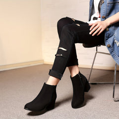 Women's Suede Short Boots Block Heel Round Toe Side Zipper Shoes