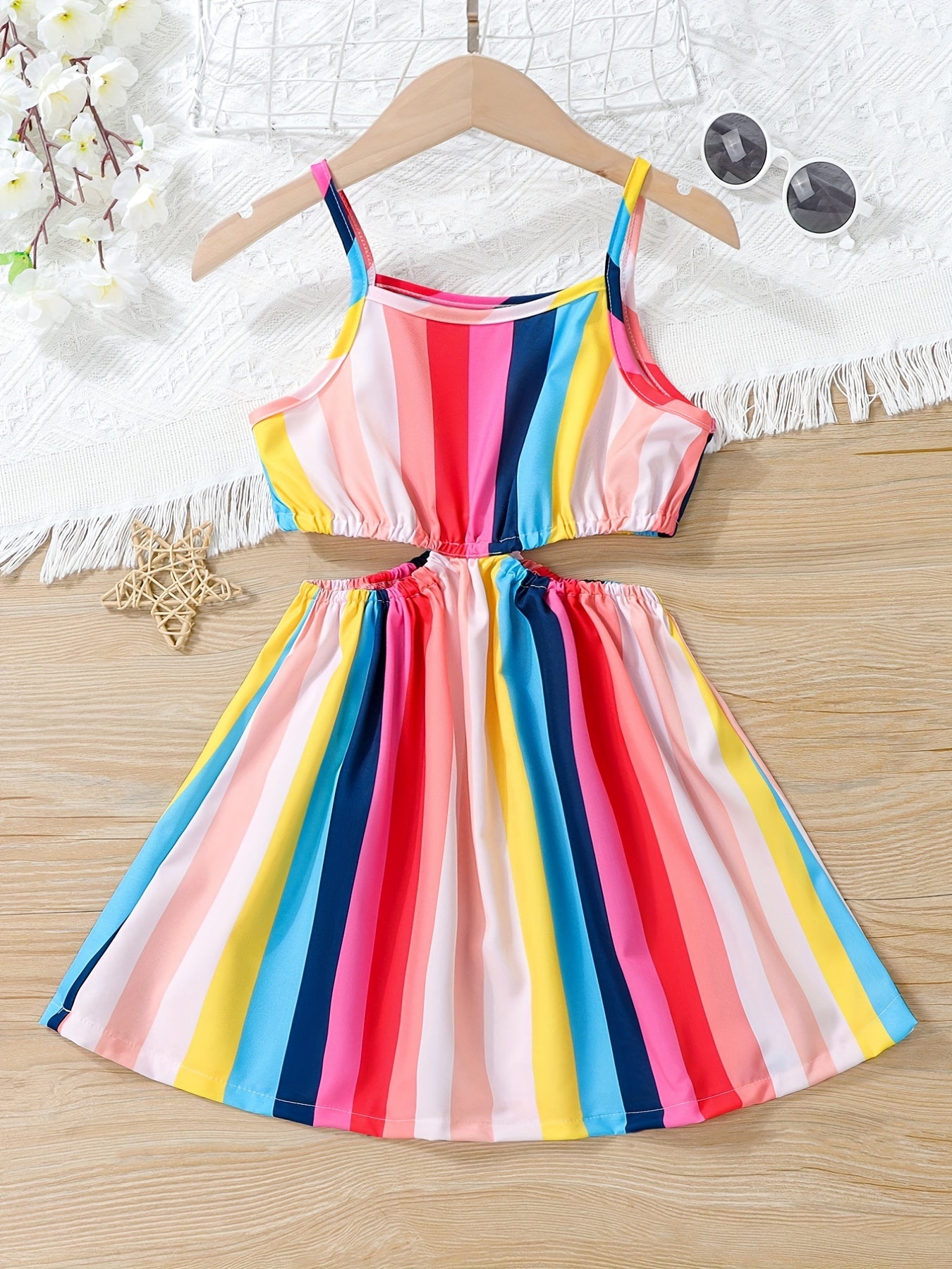 Girls Rainbow Striped Cut out Waist Cami Dress Sleeveless A Line Flared Dresses