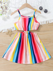 Girls Rainbow Striped Cut out Waist Cami Dress Sleeveless A Line Flared Dresses