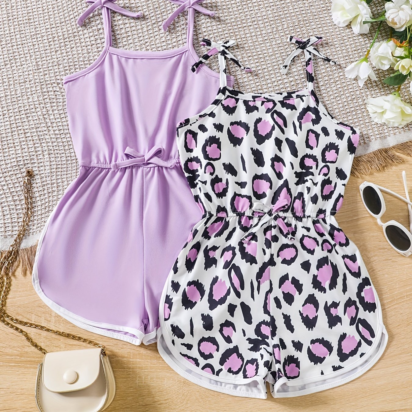 Toddler Girls Leopard Bow Shoulder Rompers Jumpsuits Set