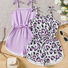 Toddler Girls Leopard Bow Shoulder Rompers Jumpsuits Set