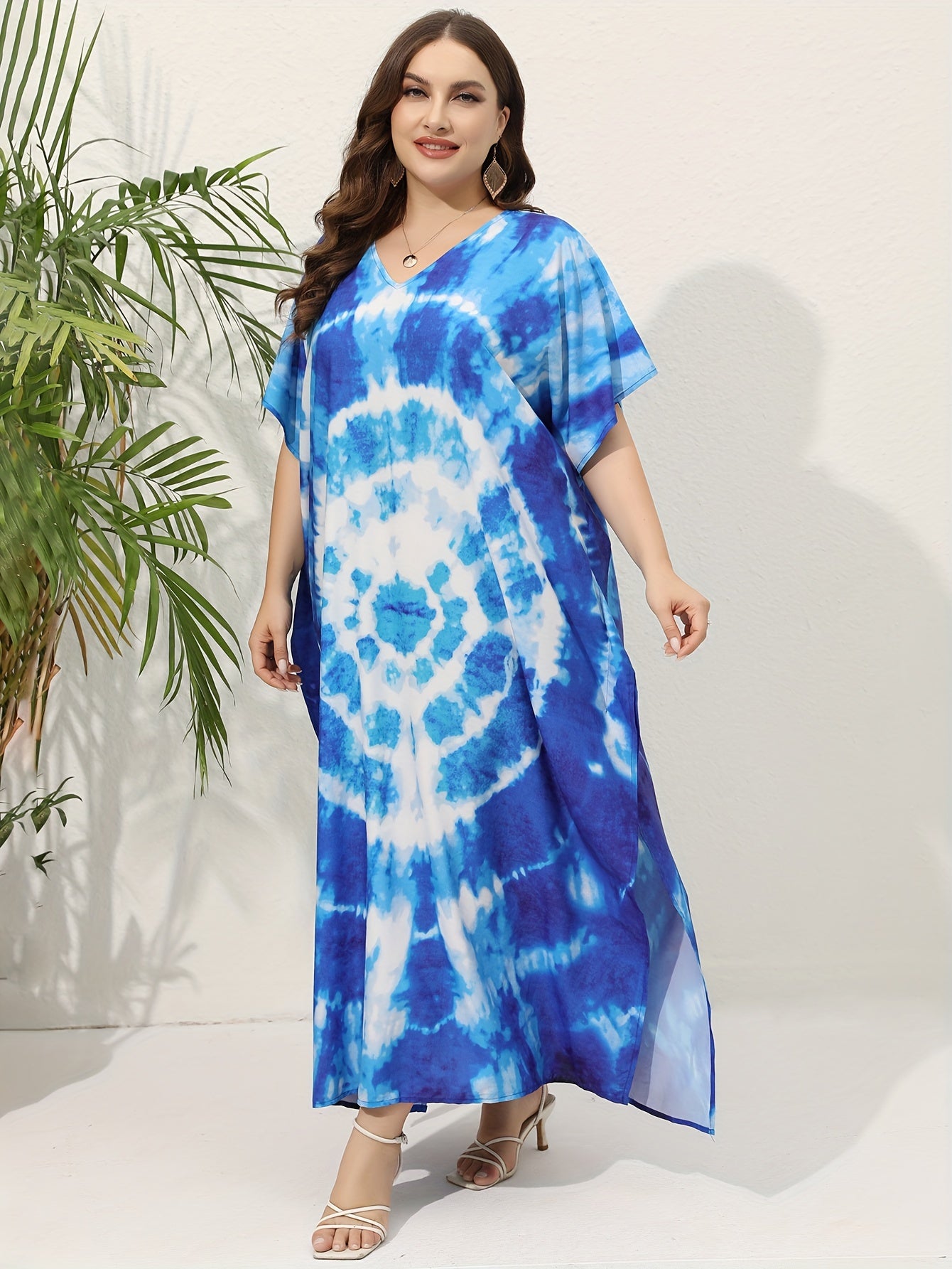 Boho Cover Up Women's Plus Spiral Tie Dye Batwing Sleeve V Neck Loose
