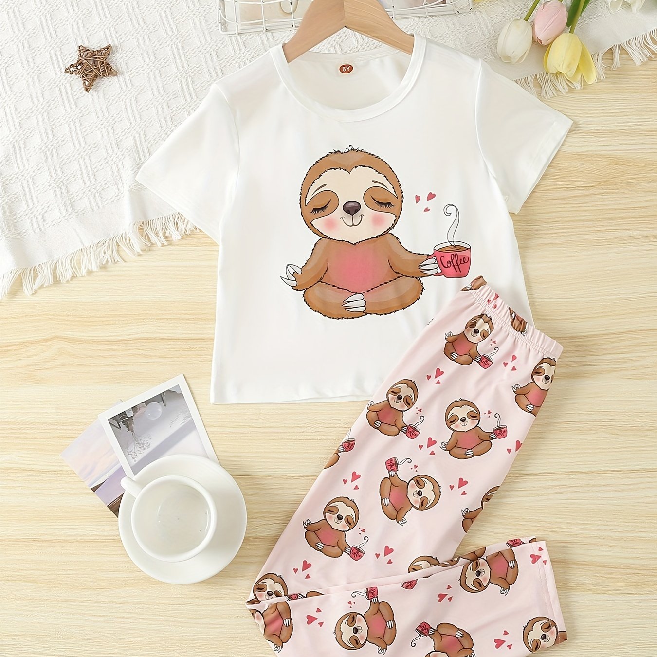 Girls Sloth Graphic T-shirt & Pants Set, Summer Holiday Kids Clothes