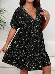Polka Dot Ruffle Trim V Neck Smock Dress