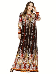 Retro Dress Women's Plus Abstract Stripe Print Long Sleeve Round Neck