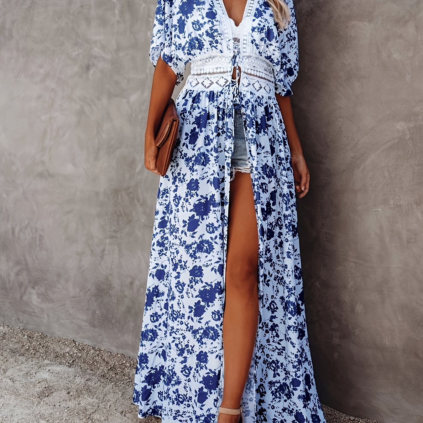 Floral Print Cover Up Shirt with Lace V Neck