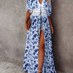 Floral Print Cover Up Shirt with Lace V Neck