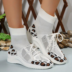Leopard Print Knit Sneaker Boots Lace Up Stretch Short Boots