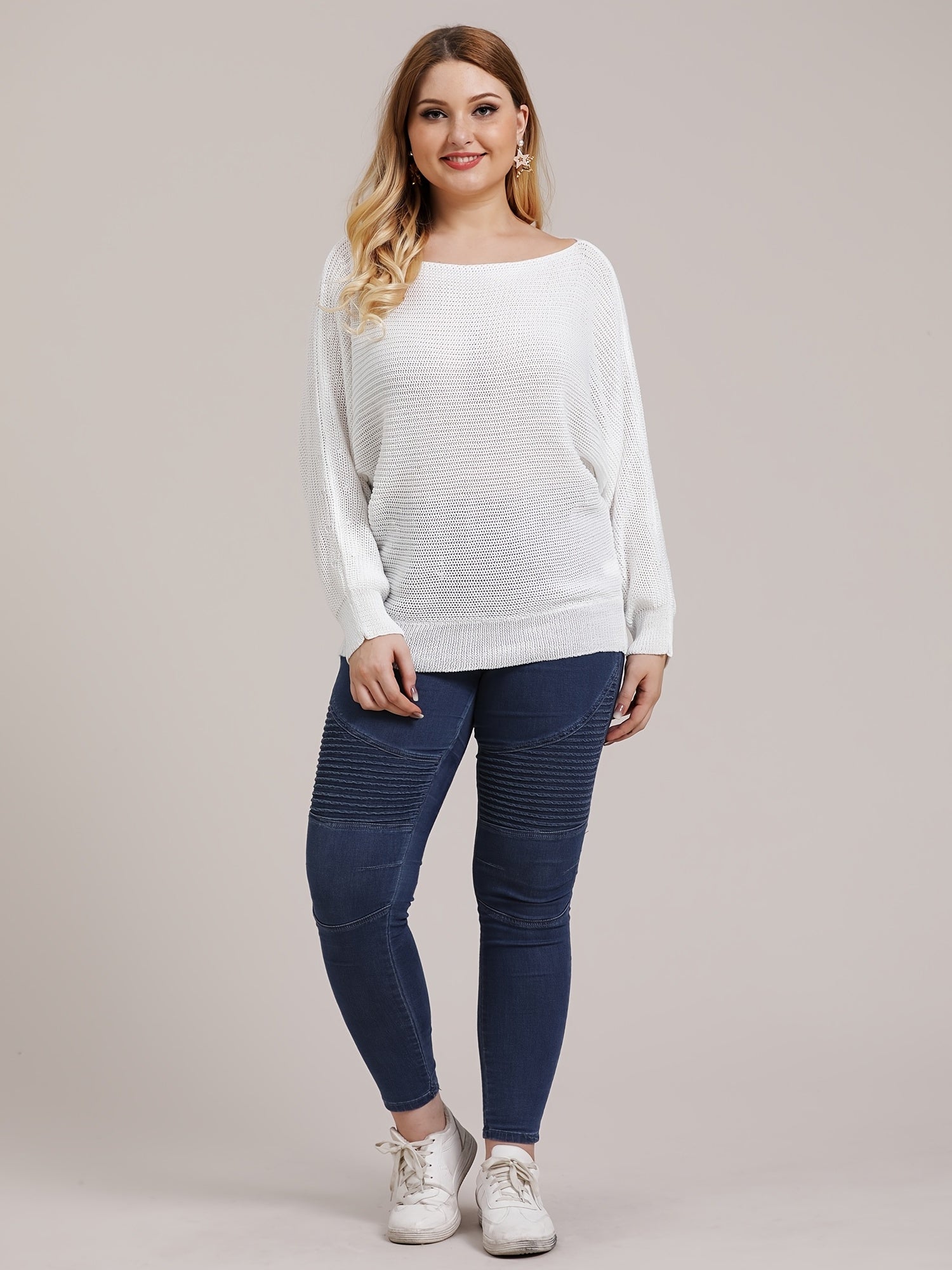 Eyelet Embroidered Boat Neck Long Sleeve Sweater