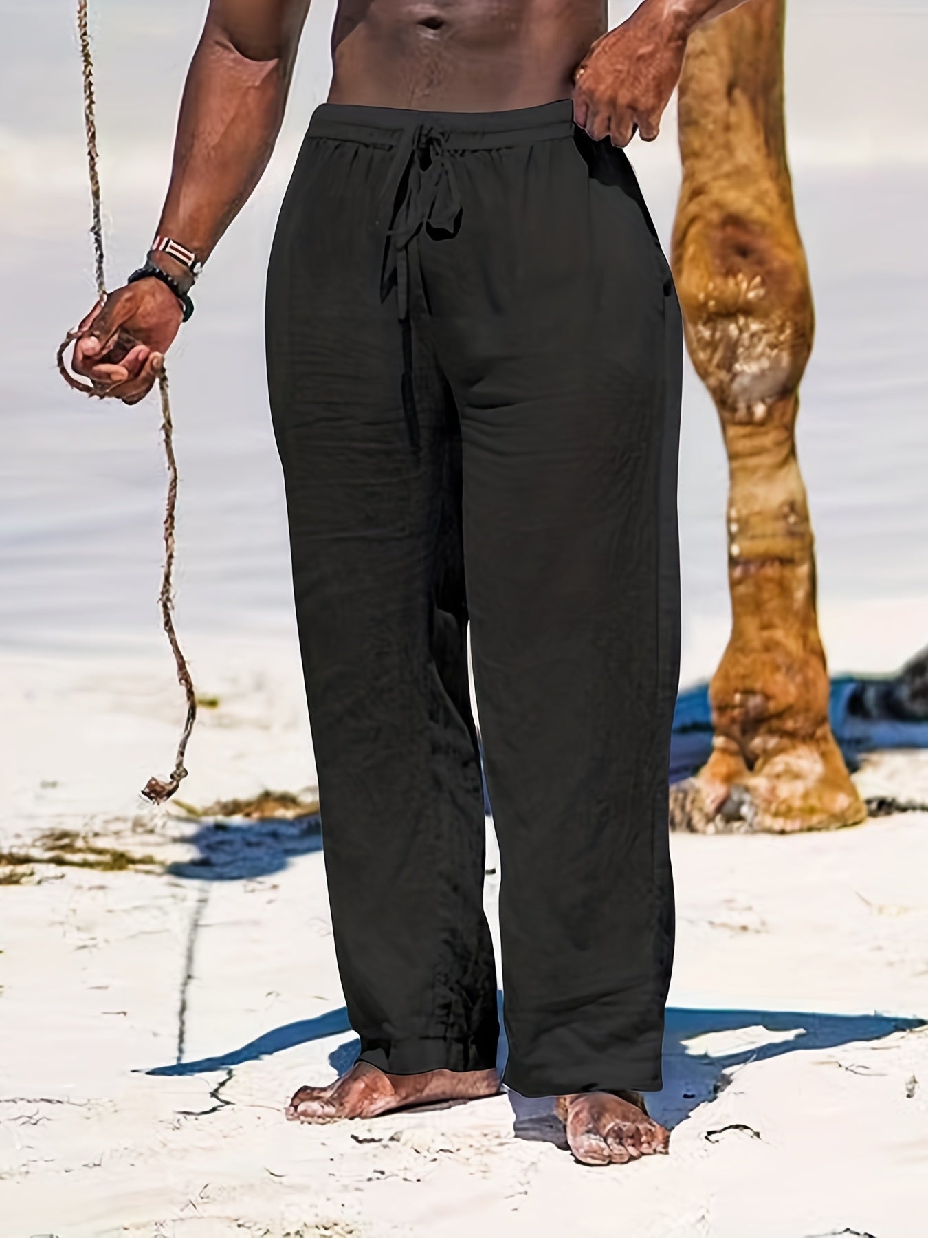 Men's Drawstring Beach Pants Solid Casual Baggy Trousers