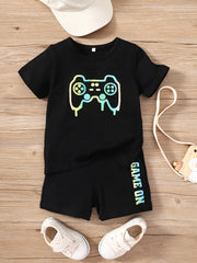 Boys Gamepad Print Short Sleeve Tees & Shorts Set Summer Clothes