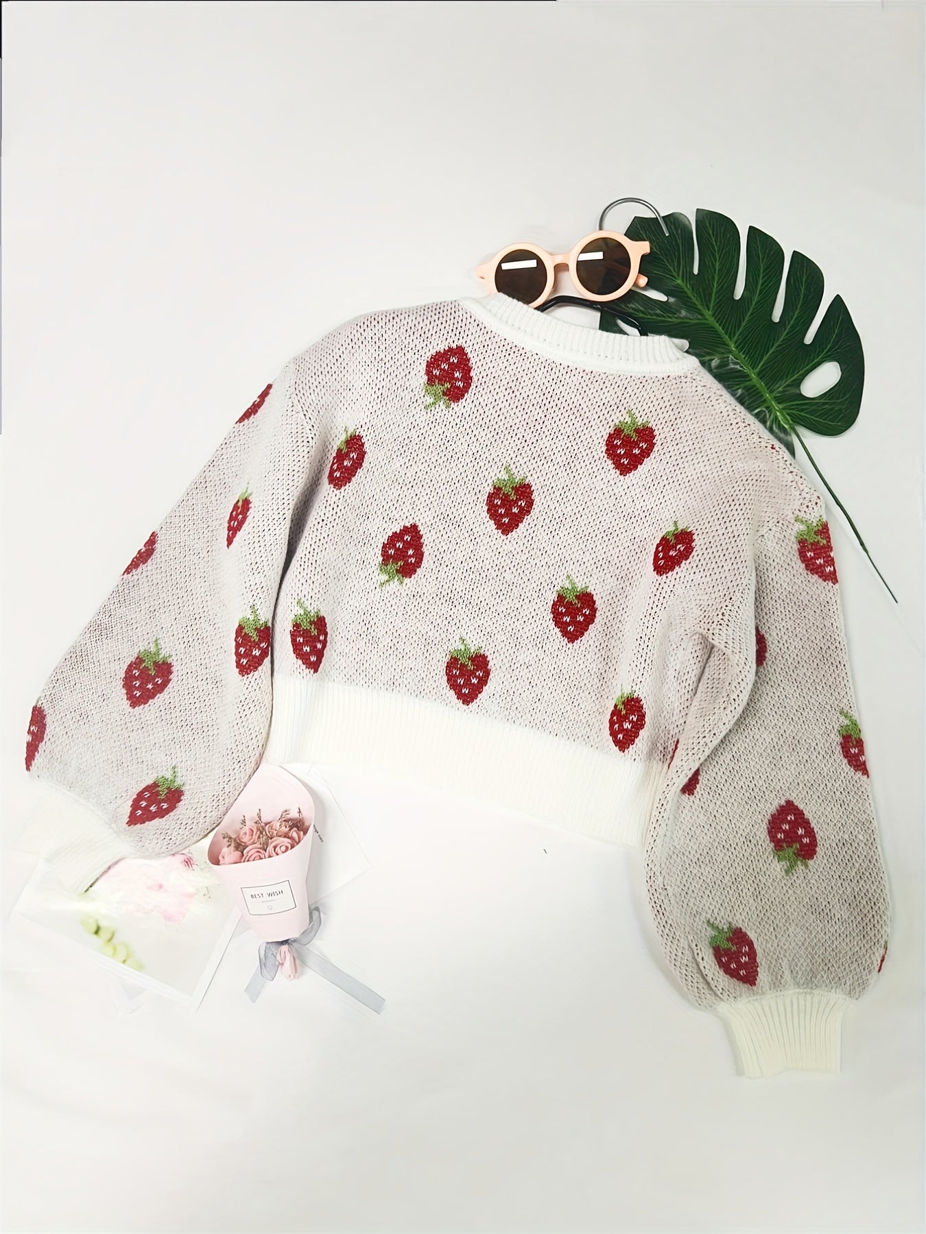 Girls Strawberry Jacquard Sweater Cropped Length