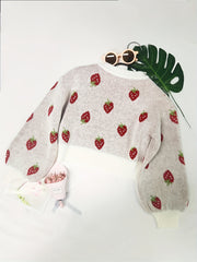 Girls Strawberry Jacquard Sweater Cropped Length
