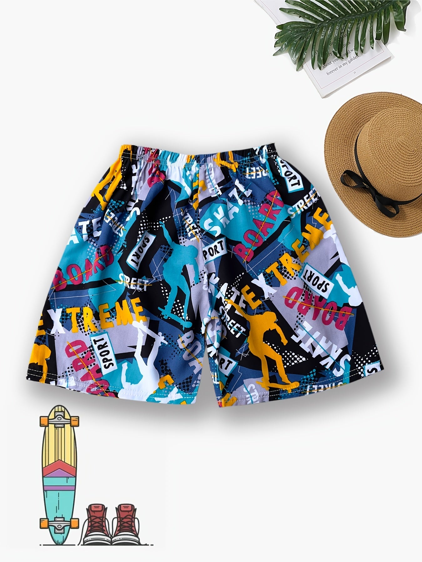 Boys Cartoon Graffiti Print Shorts for Summer Sports