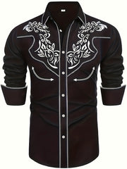 Embroidered Pattern Men's Shirt Top Turn Down Collar