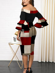 Colorblock Off Shoulder Midi Dress