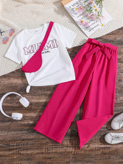 Girl's Letter T Shirt Set With Pants & Bag