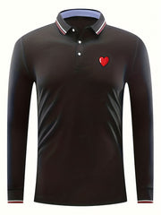 Red Heart Print Men's Casual Button Up Long Sleeve Lightweight Polo Shirt