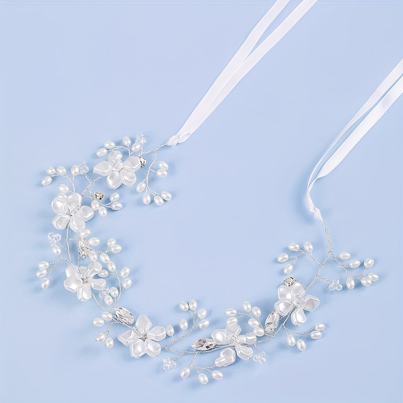 Pearl Bridal Headpiece Crystal Wedding Headband With Ribbon