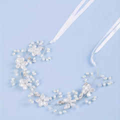 Pearl Bridal Headpiece Crystal Wedding Headband With Ribbon