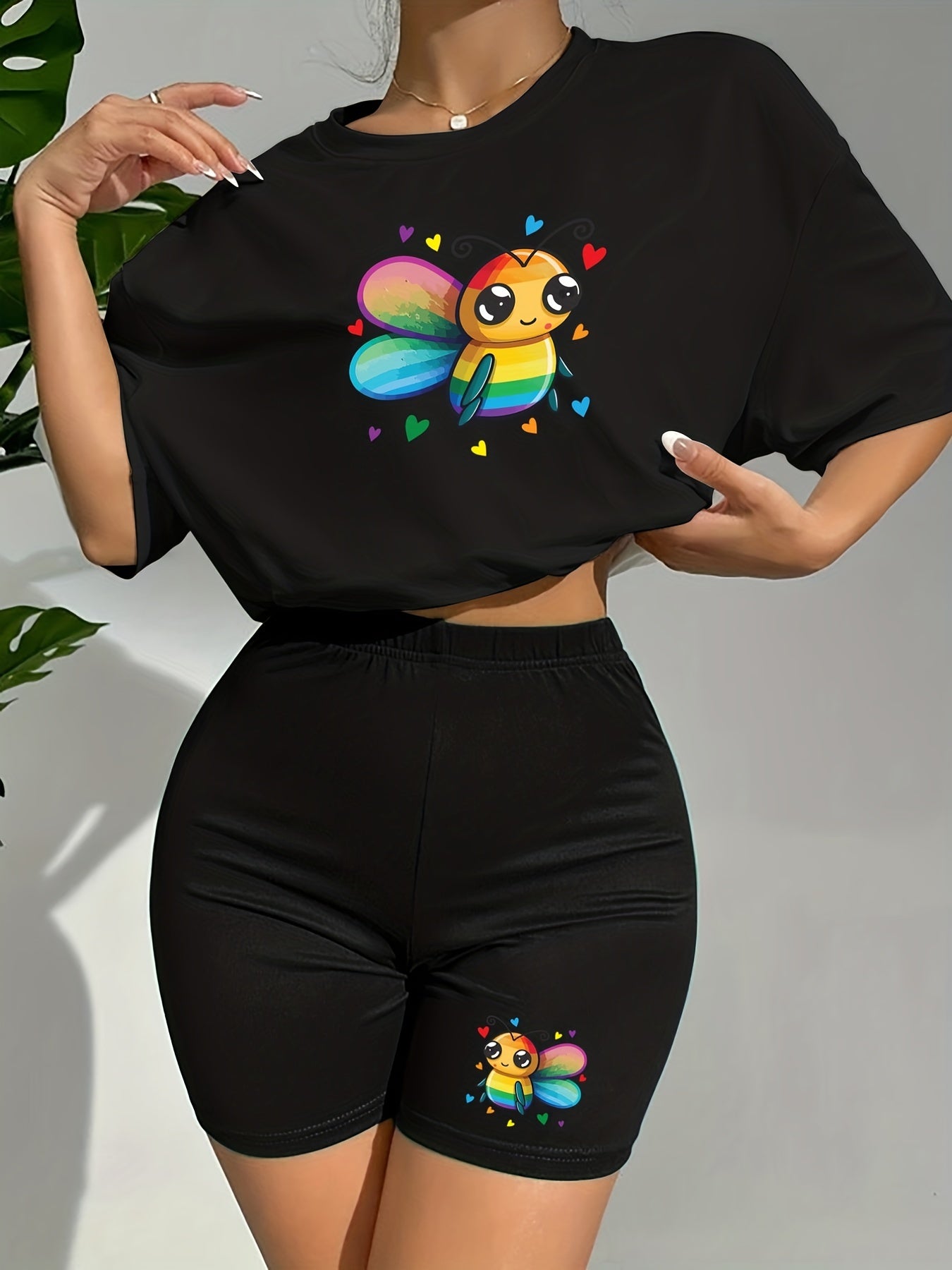 Bee Print Lounge Set Short Sleeve Top & Shorts Women's Sleepwear