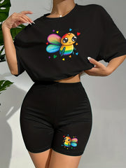 Bee Print Lounge Set Short Sleeve Top & Shorts Women's Sleepwear