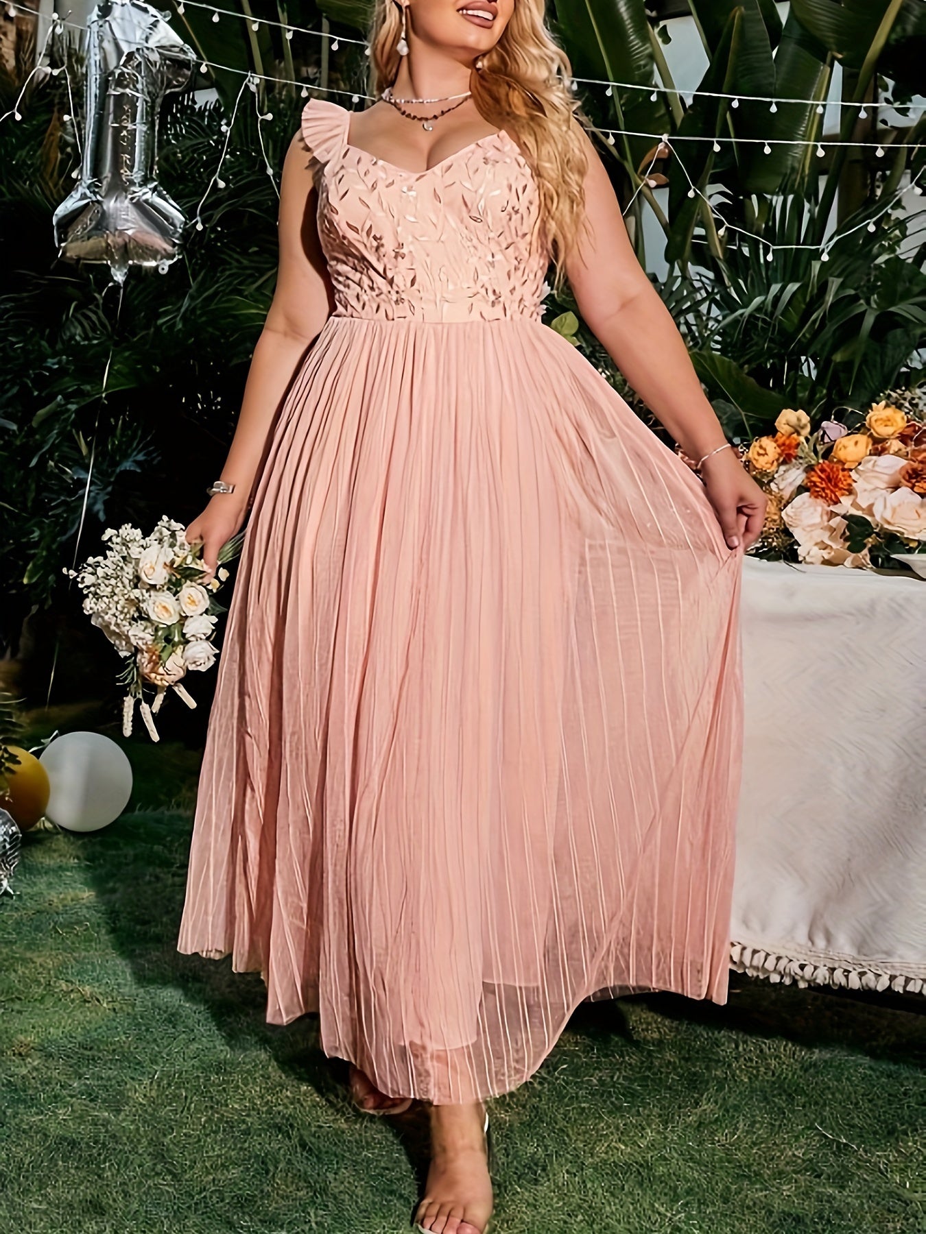 Golden Leaf Print V Neck Ruffle Trim Mesh Overlay Plus Size Bridesmaid Dress