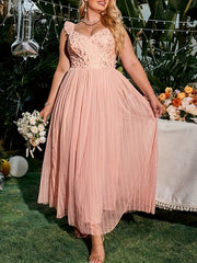 Golden Leaf Print V Neck Ruffle Trim Mesh Overlay Plus Size Bridesmaid Dress