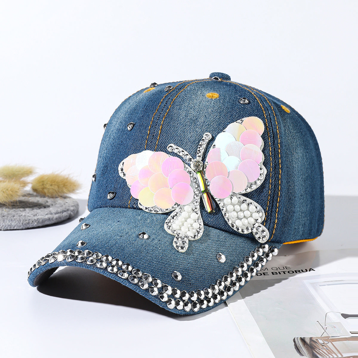 Sequin Butterfly Baseball Cap Rhinestone Denim Sports Hat Women's Dad Hats