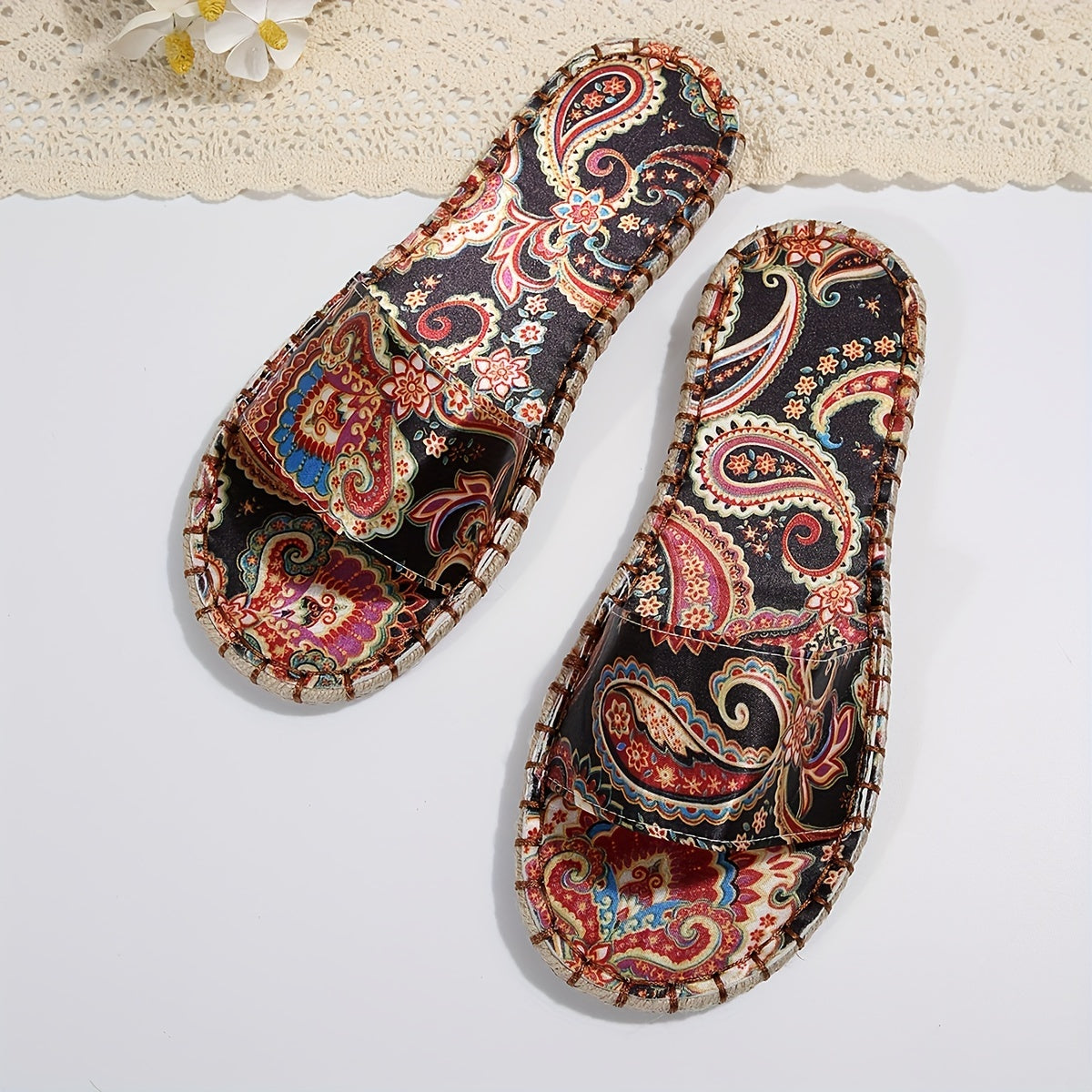Women's Ethnic Pattern Slippers Open Toe Linen Sandals