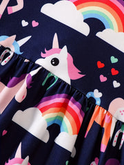 Baby Girls Rainbow Unicorn Print Long Sleeve Dress