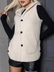 Hooded Teddy Vest Button Front Sleeveless Casual Outerwear
