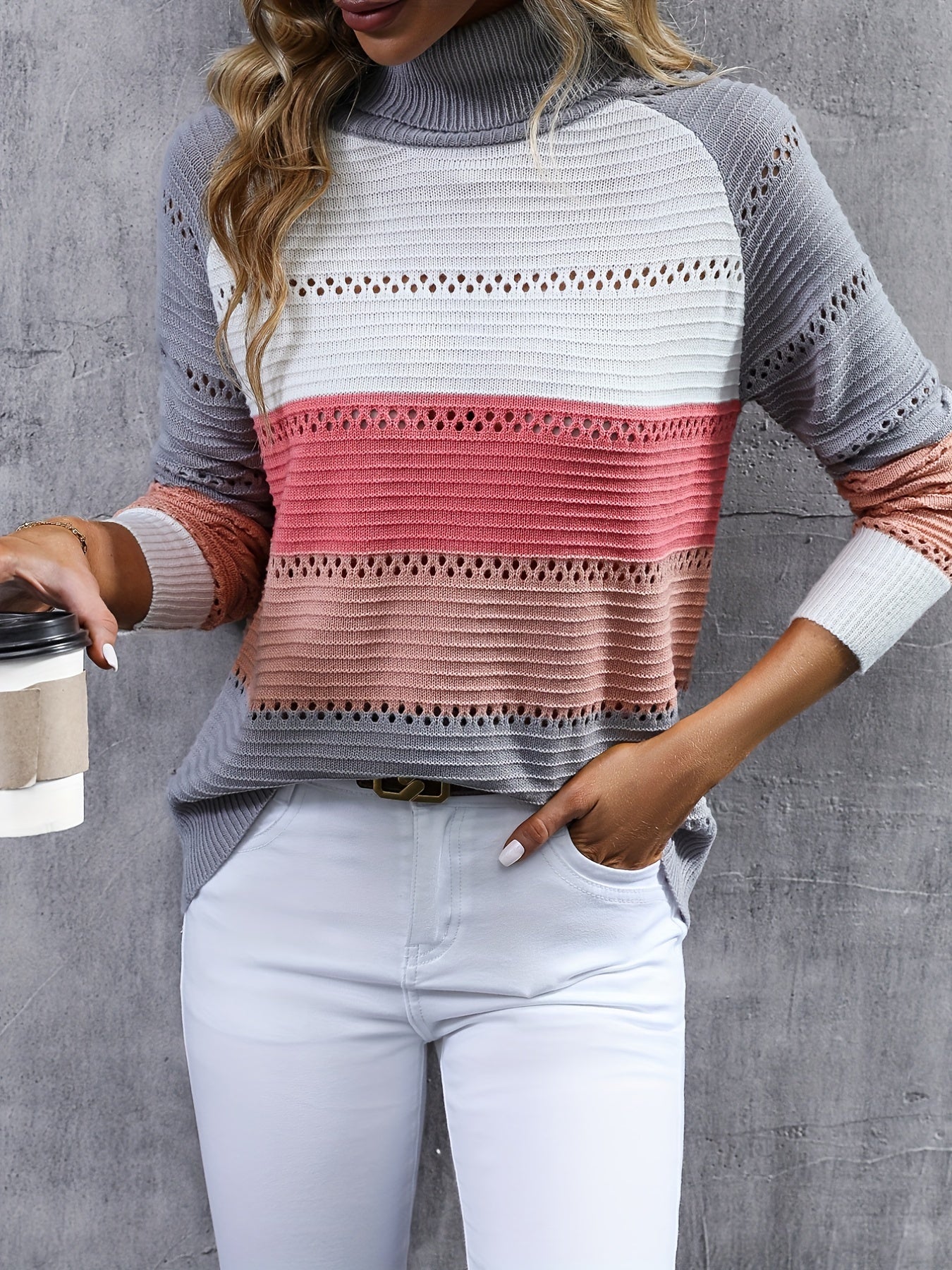 Turtleneck Knit Sweater Long Sleeve Women's Casual Block Sweater
